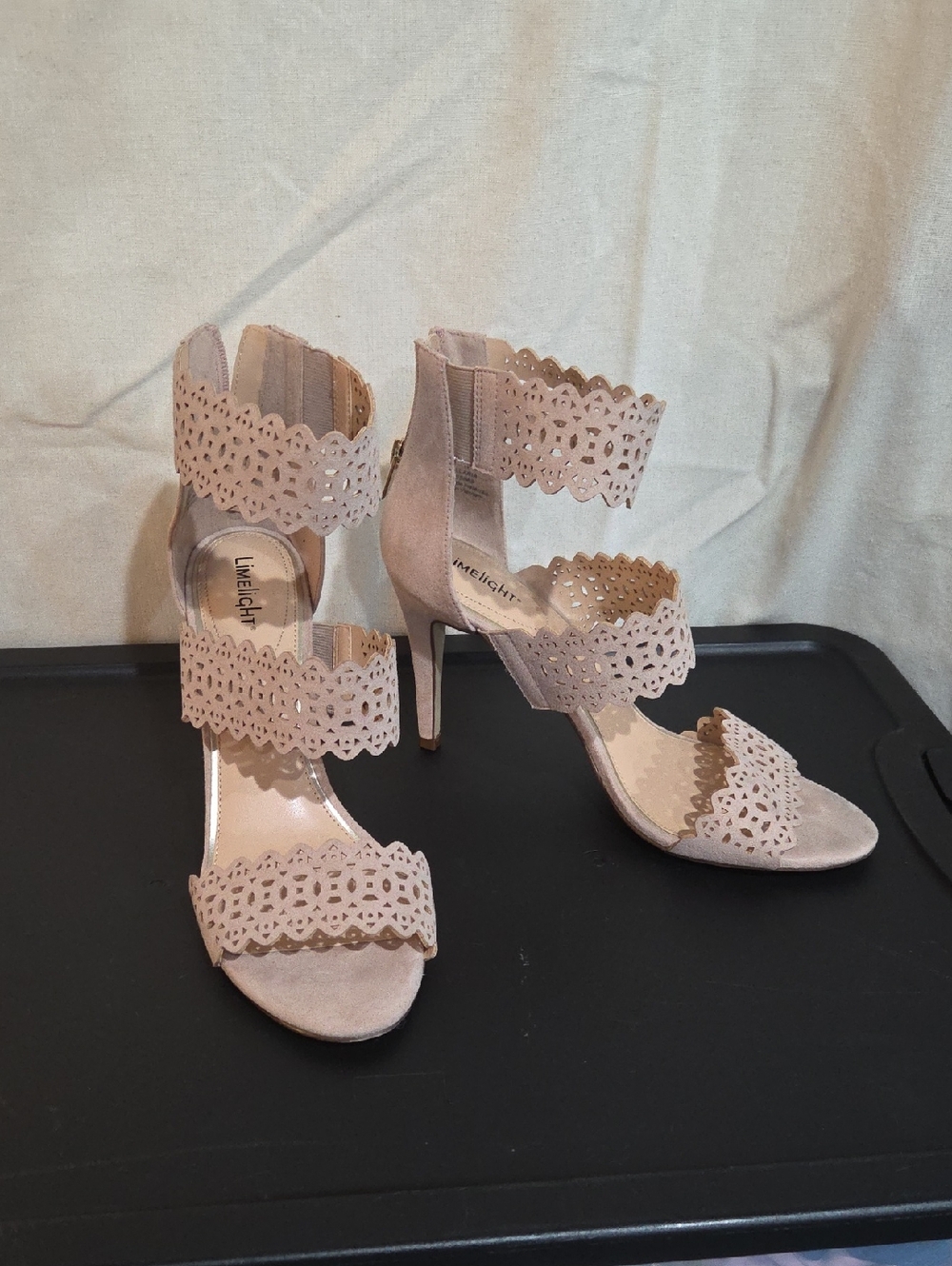 Limelight Dusty Blush Laser-Cut Scalloped Strap Stilettos